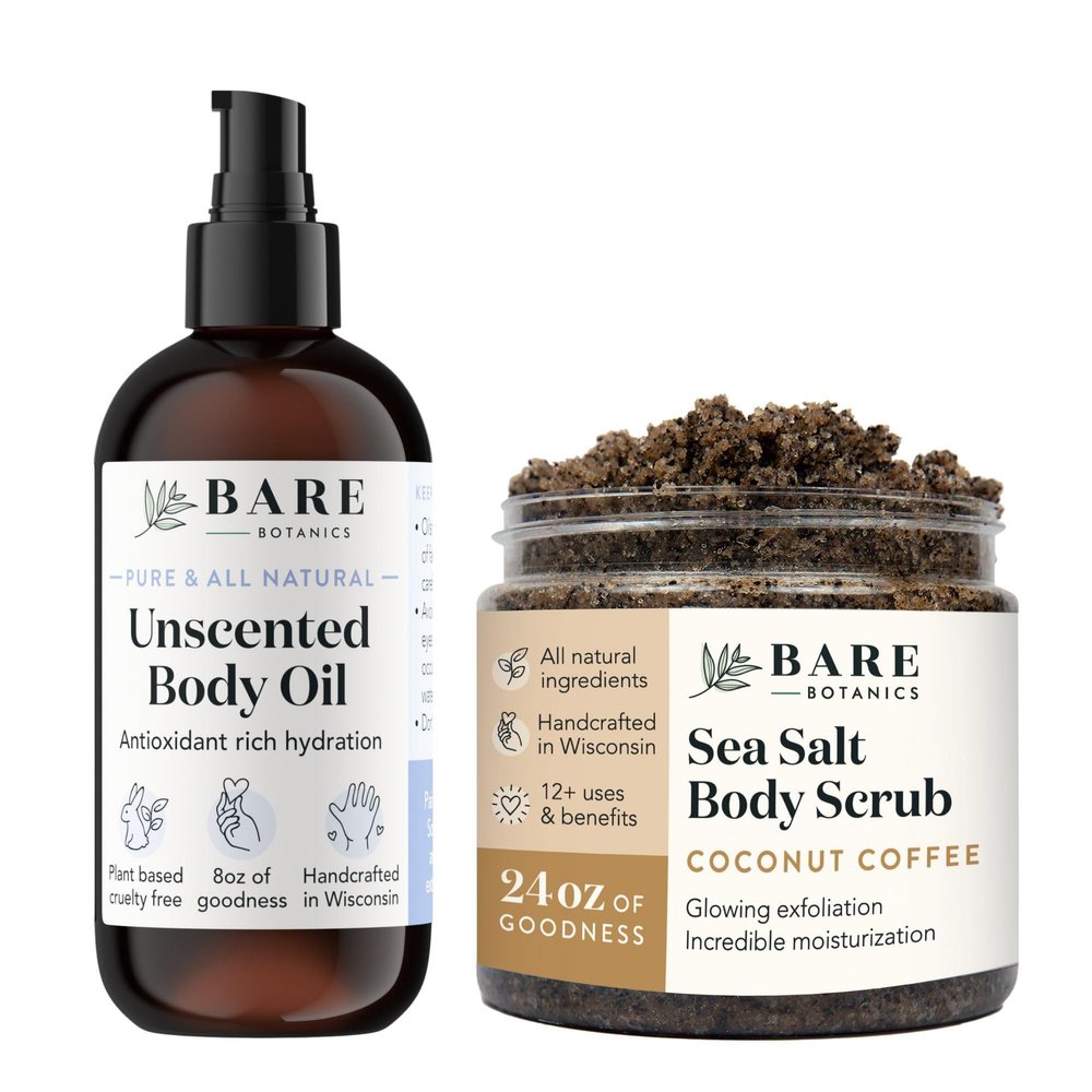 Bare Botanics Unscented Body Oil (Custom Formulated) + Coconut Coffee Body Scrub