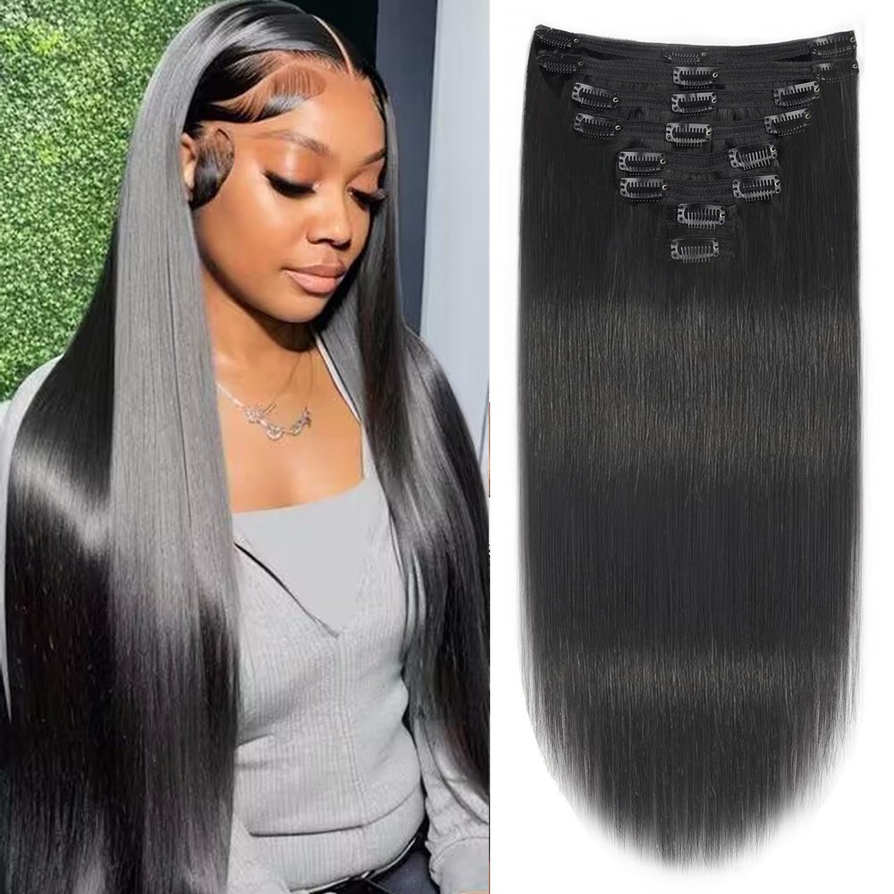 Mihugass Clip in Hair Extensions Real Human Hair For Women Double Weft Brazilian Virgin Hair Extensions Wear and Go Straight Clip on Hair 8pcs With 18 Clips 120g(20inch,#1B)