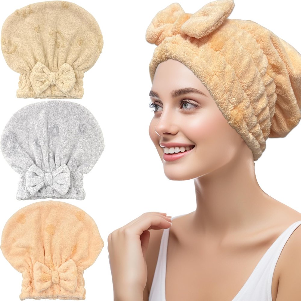 Jseng 3Packs Microfiber Hair Towel for Women - Quick-Drying, Super Absorbent Hair Wrap with Bow Design, Soft Hair Towel Turban for Curly Long Wet Hair