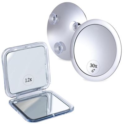 12X/1X Square Double Sided Magnifying Mini Compact Makeup Mirror for Travel - Portable, Handheld & Mega-Powerful 30X Magnifying Makeup Mirror - Portable Cosmetic Mirror for Precise Makeup Bundle