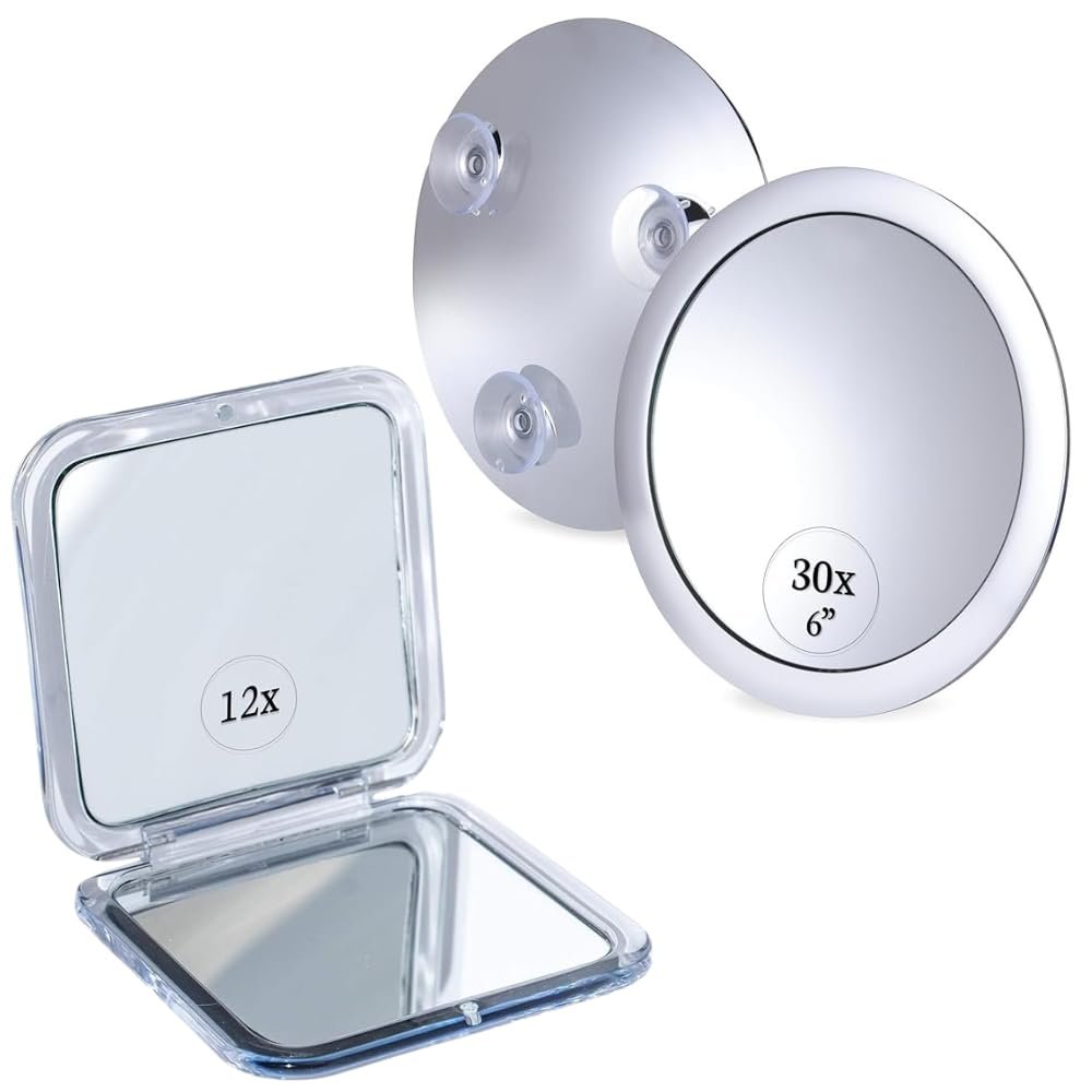 12X/1X Square Double Sided Magnifying Mini Compact Makeup Mirror for Travel - Portable, Handheld & Mega-Powerful 30X Magnifying Makeup Mirror - Portable Cosmetic Mirror for Precise Makeup Bundle
