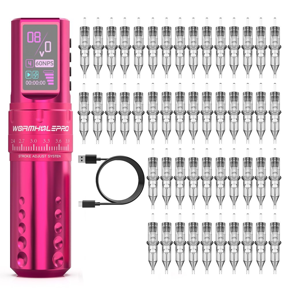 50Pcs Tattoo Needles with 7Adjustable Strokes Wireless Tattoo Gun Wireless Tattoo Machine 1,800 mAh Capacity Wireless Power Supply, Coreless Motor, Digital LED Display Tattoo Pen