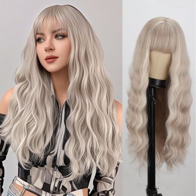 MERISIHAIR Long Ash Blonde Wig with Bangs Grey Blonde Wavy Curly Wigs Natural Looking Synthetic Heat Resistant Fiber Wig for Daily Cosplay Costume Party Chrismas Holiday Use