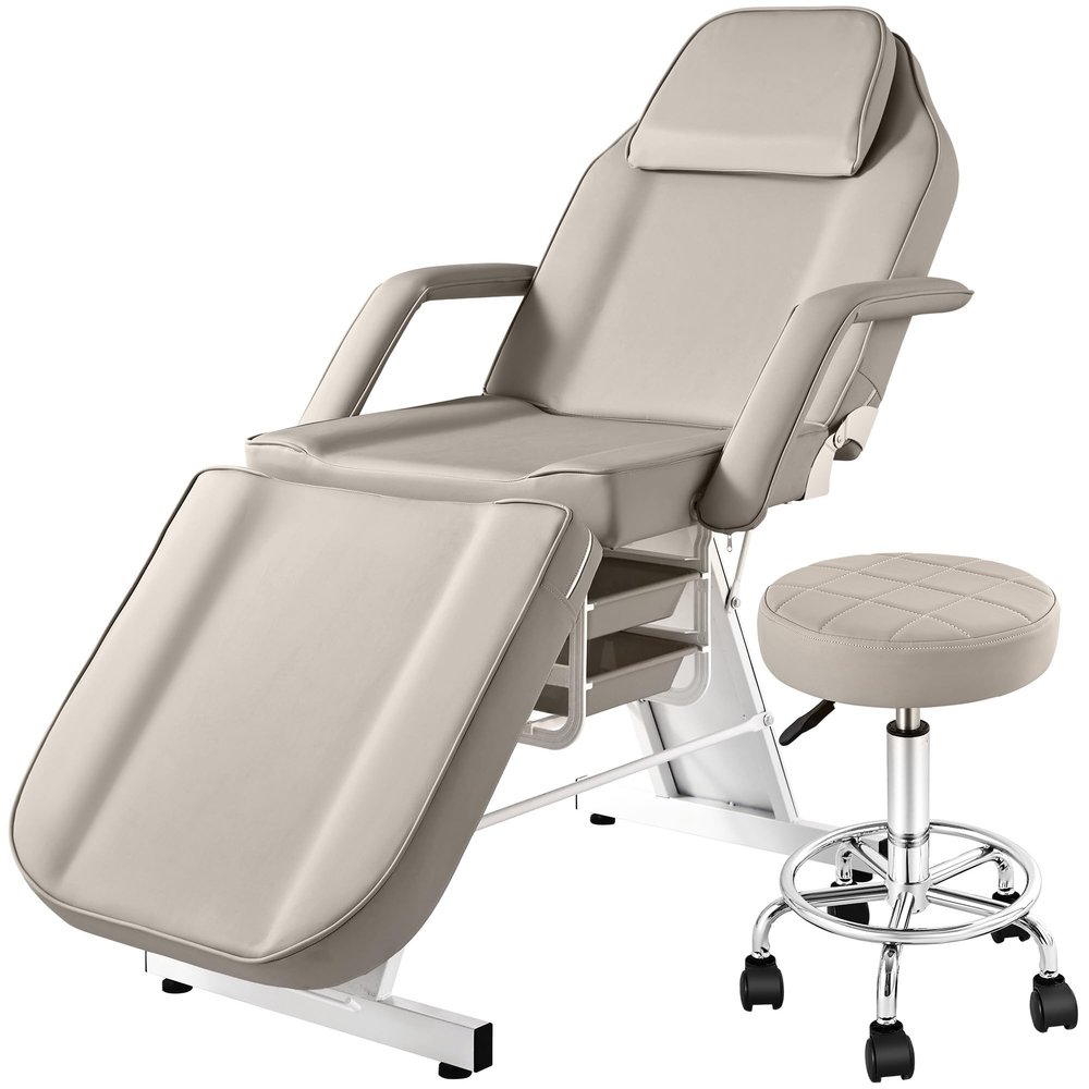KIIUMI Tattoo Bed Chair for Client, Facial Lash Bed for Esthetician Chair with Swivel Stool, Adjustable Salon Spa Beauty Equipment w/Removable Armrests & Headrest, 2-Tray, Grey