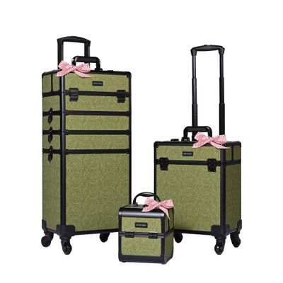 BYOOTIQUE Cosmetology Cases on Wheels Rolling Makeup Organizer Cart 3-Piece Professional Nail Tech Storage Kit for Nail Artist Barber Salon Hairstylist,Rococo Moss