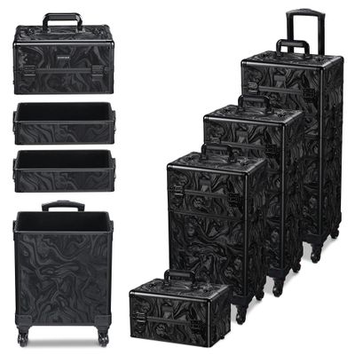 BYOOTIQUE Rolling Makeup Train Case on Wheels 3-Piece Cosmetology Organizer Kit Trolley Organizer Lockable Salon Hairstylist Traveling Cart bag for Nail Slon Esthetician,CTB Black