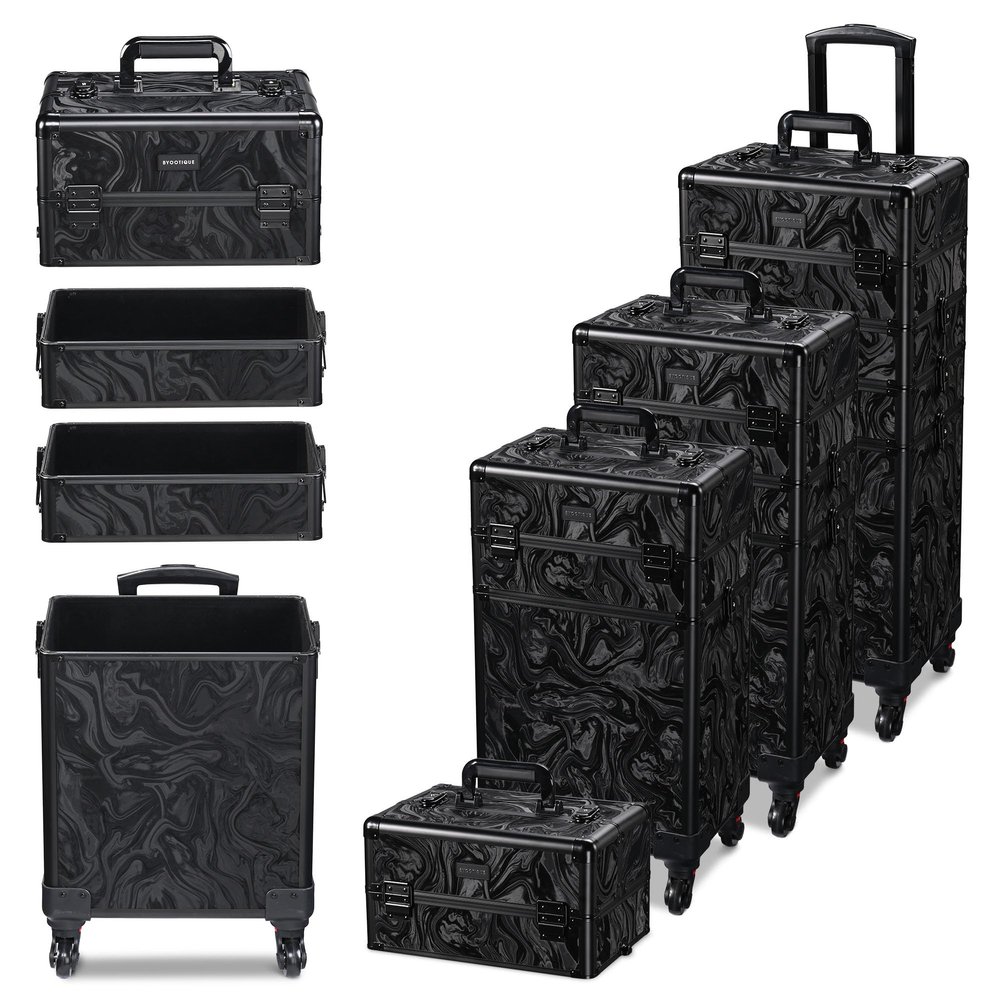 BYOOTIQUE Rolling Makeup Train Case on Wheels 3-Piece Cosmetology Organizer Kit Trolley Organizer Lockable Salon Hairstylist Traveling Cart bag for Nail Slon Esthetician,CTB Black