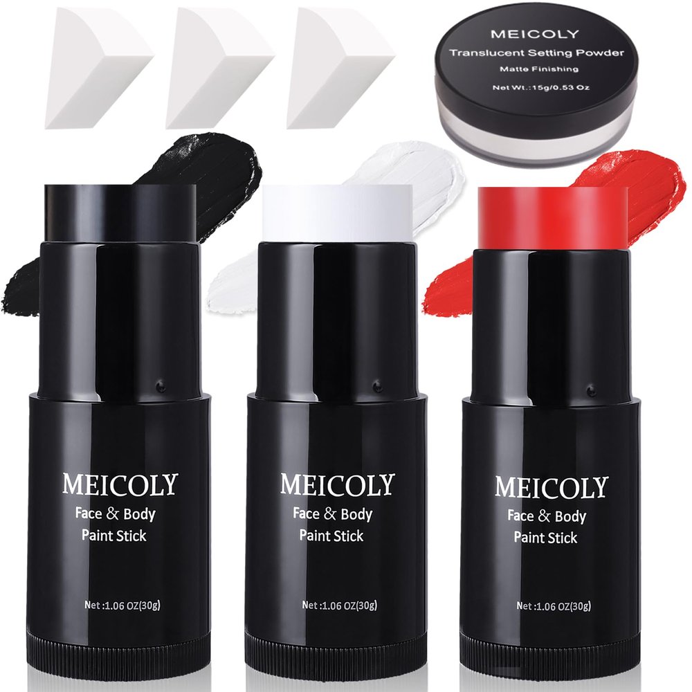 MEICOLY Black White Red Face Body Paint Stick with Setting Powder and Sponges,Clown White Devil Joker Face Paint Makeup,Waterbased Body Paint,Halloween Face Painting for Vampire Skeleton Spiderman