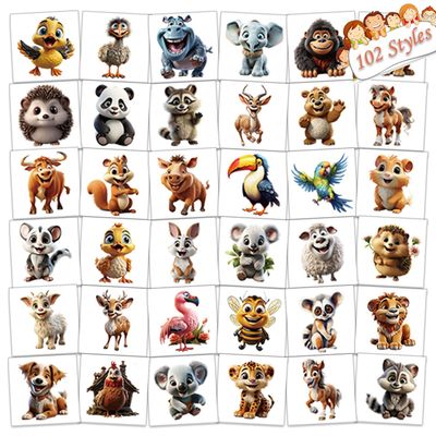 102 PCS Individually Wrapped Cute Animals Temporary Tattoo for kids - Animals Temporary for Girls Boy Body Arm Shoulder Cute Tattoos Stickers, Birthday Party Supplies Gifts for Kids