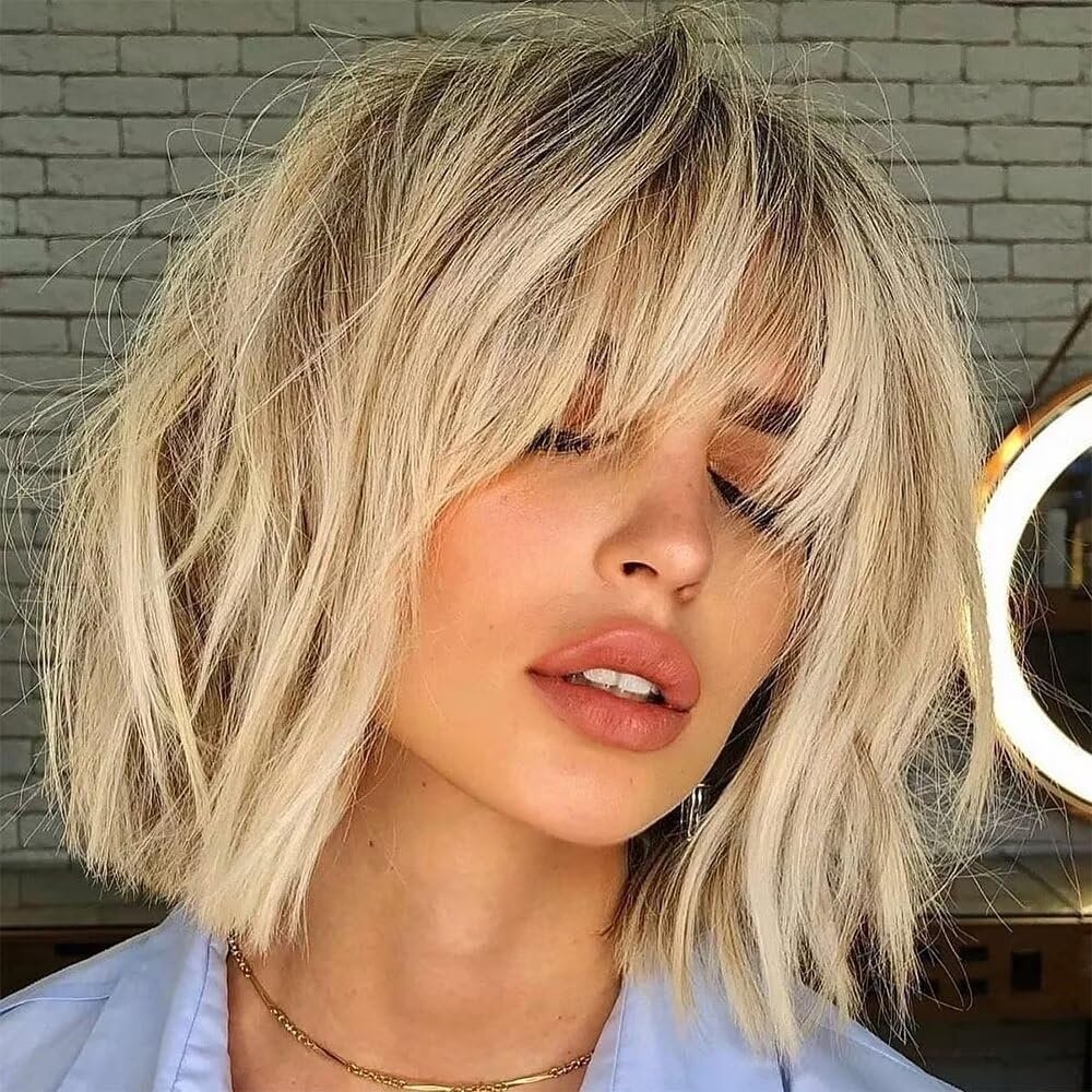 oulaer Ashy Blonde Ombre Human Hair Wig With Bang 1B613 Color Natural Wave Short Bob Wigs 13x6 HD Transparent Lace Frontal Wig Pre Plucked Brazilian Hair Bleached Knots 150% Density 8Inch