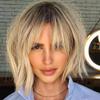 oulaer Ashy Blonde Ombre Human Hair Wig With Bang 1B613 Color Natural Wave Short Bob Wigs 13x6 HD Transparent Lace Frontal Wig Pre Plucked Brazilian Hair Bleached Knots 150% Density 8Inch view 2