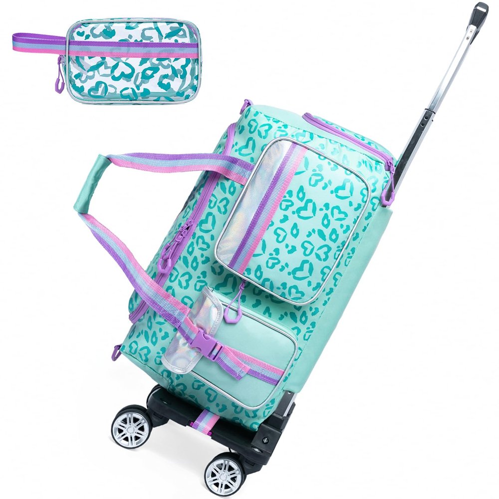 Kids Rolling Duffle Bag with Wheels for Girls - Travel Overnight Bag with Makeup and Toiletry Bag - Dance Bag for Women