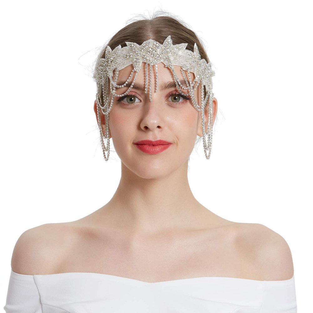 1920s Flapper Headpiece, Roaring 20s Beaded Headband, Great Gatsby Headband Chain for Women Vintage Hair Accessory (HD6092white)