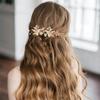 2 PCS Gold Bride Wedding Headpiece,Crystal Pearl Hair Pins Accessories,Vintage Golden Leaf Hairpin,Bridal Hair Clips for Women and Girls (Gold) view 4