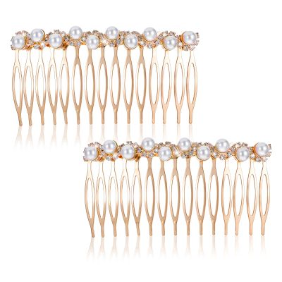 2Pcs Hair Combs for Women Accessories, Hair Combs for Women Decorative, Gold Pearl Hair Comb with Rhinestones, Decorative Hair Combs for Women, Hair Side Combs for Bridal Wedding