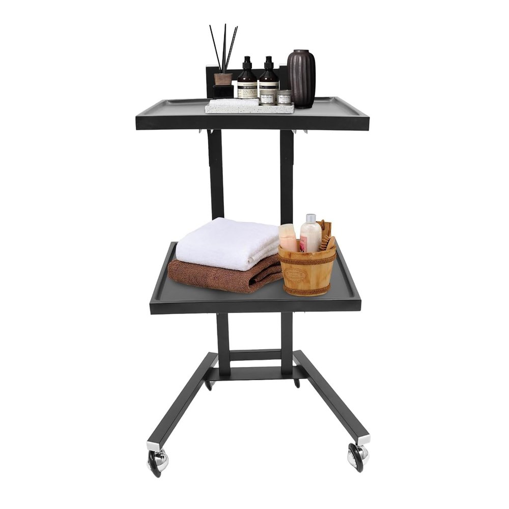 Stainless Steel Salon Tray On Wheels, Multifunctional 2-Tray Utility Metal Cart on Wheels Folding Beauty Salon SPA Trolley for Salons, Spas and Barbershops Tattoo Medical Dental(Black)