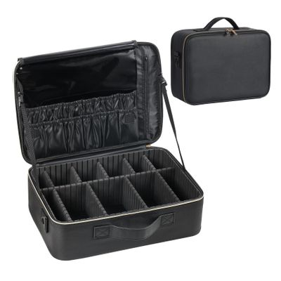 Makeup Travel Case, 16 Inch Makeup Artist Bag with Compartment and Dividers, Portable Cosmetic Bag for Women with Brush Storage Sturdy Dual Zip Closure, Waterproof, Durable, Gift for Her, Black