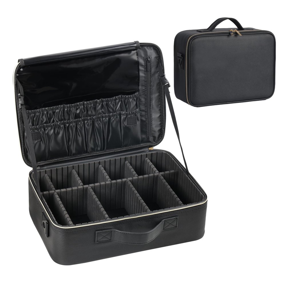 Makeup Travel Case, 16 Inch Makeup Artist Bag with Compartment and Dividers, Portable Cosmetic Bag for Women with Brush Storage Sturdy Dual Zip Closure, Waterproof, Durable, Gift for Her, Black