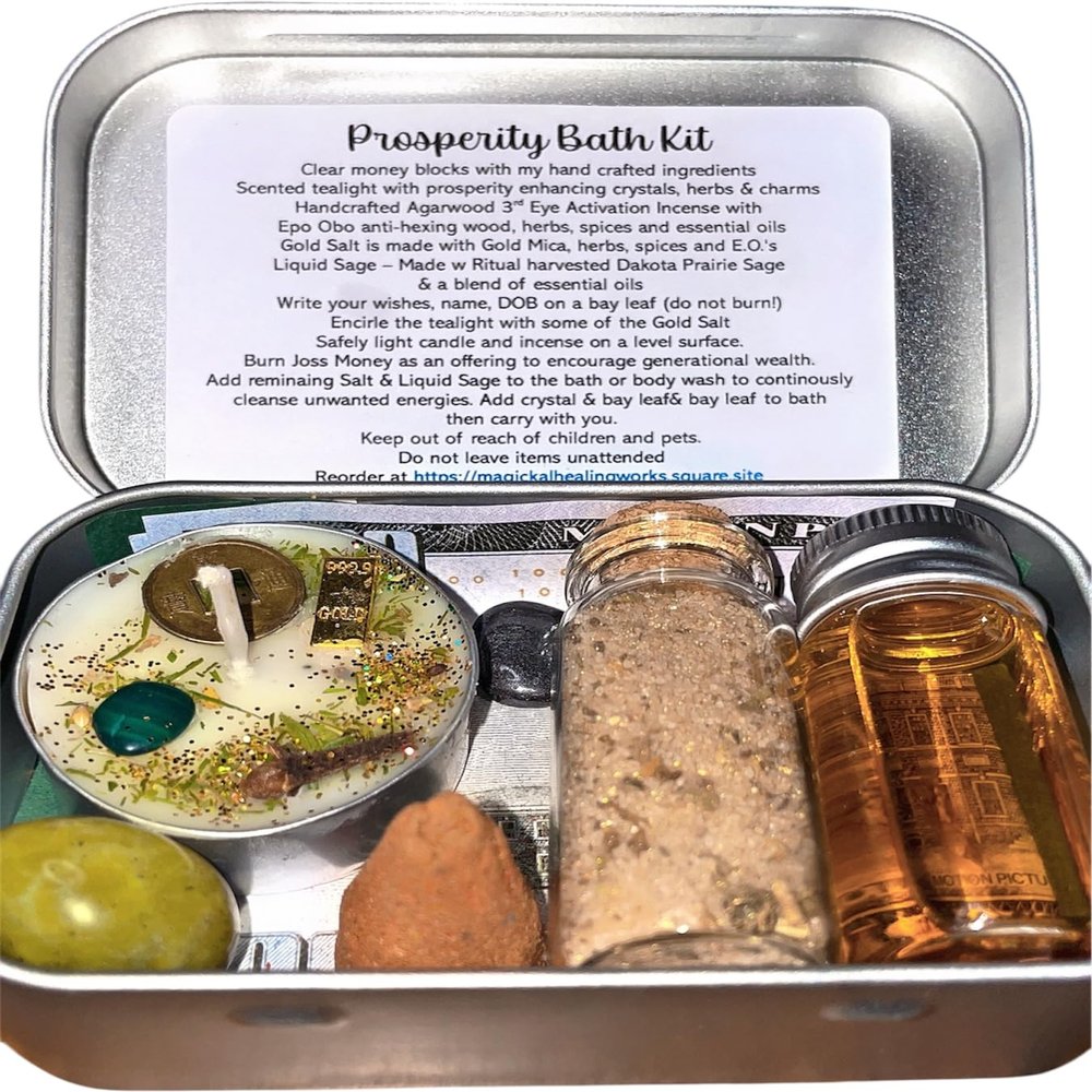 Serious Money Magick Bath & Shower Ritual & Spell Kit | Sage Florida Water & Gold Herbal Salts | White Magic | Handmade Oud Uncrossing Incense (Green - Prosperity - Heart & Solar Plexus Chakras)