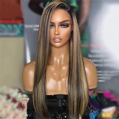 Brazilian Straight Remy Hair Glueless Wigs Highlight 1b/27 Color Human Hair Wig 13x6 HD Transparent Lace Front Wig Honey Blonde Human Hair Wigs 150% Density Natural Hairline 22inch
