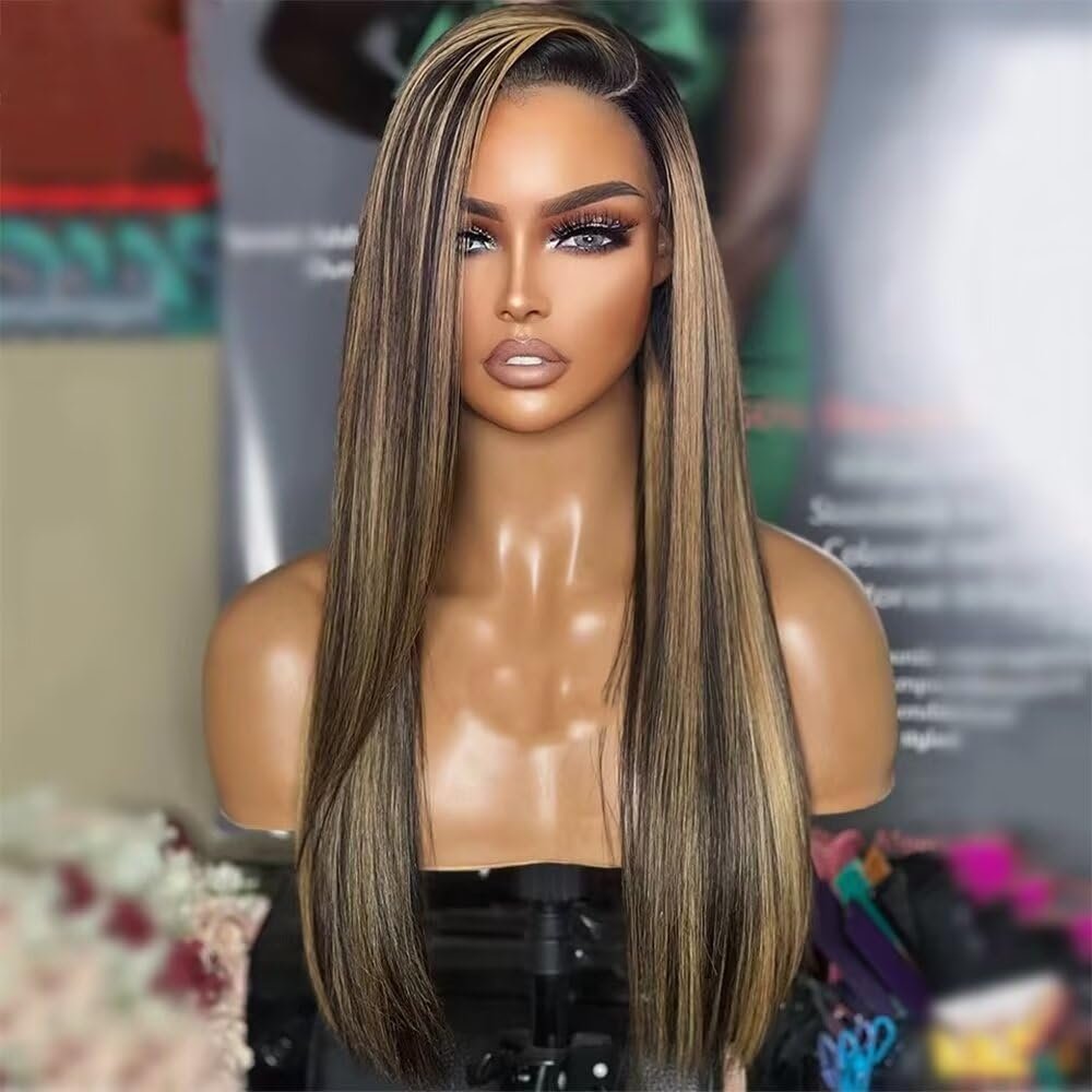 Brazilian Straight Remy Hair Glueless Wigs Highlight 1b/27 Color Human Hair Wig 13x6 HD Transparent Lace Front Wig Honey Blonde Human Hair Wigs 150% Density Natural Hairline 22inch