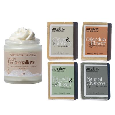 Amallow 100% Grass Fed Beef Tallow Skincare & Goat Milk Soap - Whipped Moisturizer for Face & Body (Unscented) + All Natural Goat Milk Soap (Variety Pack)