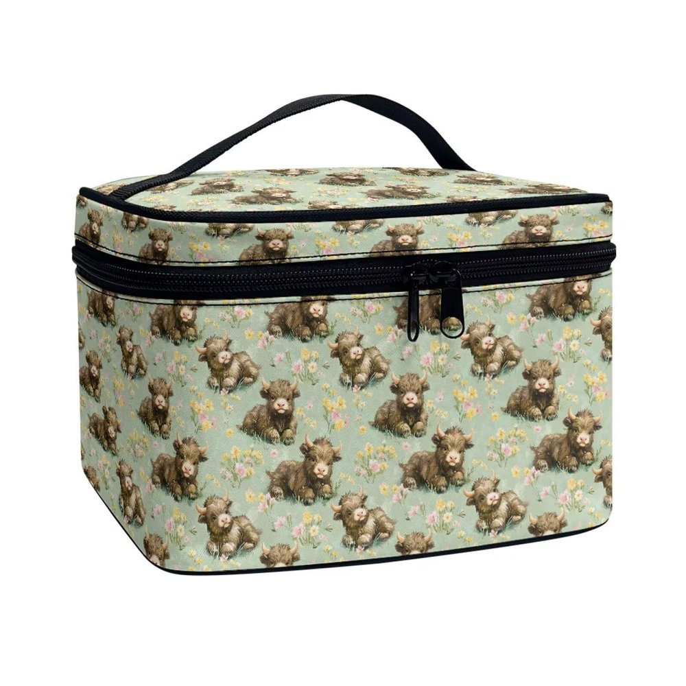 Poetesant Cosmetic Pouch for Women Cute Yak Print Makeup Bags Large Capacity Travel Make Up Case Organizer with Handle Floral Print Toiletry Bag Portable Travel Pouch