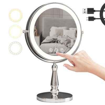9" Countertop Rotation 2-Side 1X/10X Magnification Makeup Vanity Mirror, with 3-Color Stepless Dimming, Rechargeable LED Lighted Cosmetic Mirror, Tabletop Standing HD Shaving Mirror,D