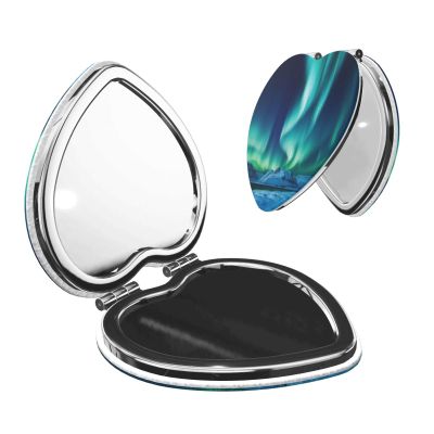 STVYUKL Mini Folding Compact Mirror Pocket Travel Makeup Mirror with 2 X 1x Magnification Northern Lights Portable Folding Small Pocket Mirror for Women Handbag Purse Heart Shape