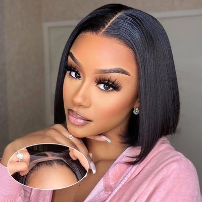 Ali Pearl Ready To Go Glueless Bob Wig Human Hair Straight Bob Wigs Put On and Go Glueless Wig Human Hair 5x7 Lace Front Wigs Pre Plucked Pre Cut Lace & Bleached Knots 180% Density Wig 14 Inch