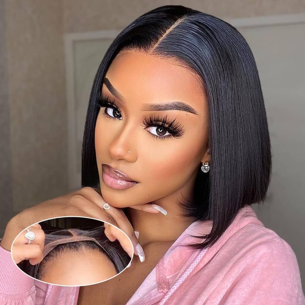 Ali Pearl Ready To Go Glueless Bob Wig Human Hair Straight Bob Wigs Put On and Go Glueless Wig Human Hair 5x7 Lace Front Wigs Pre Plucked Pre Cut Lace & Bleached Knots 180% Density Wig 14 Inch