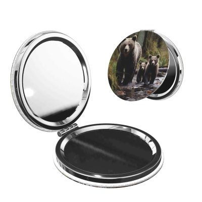 STVYUKL Mini Folding Compact Mirror Pocket Travel Makeup Mirror with 2 X 1x Magnification Mother Bear and Her Cubs Portable Folding Small Pocket Mirror for Women Handbag Purse Round Shape