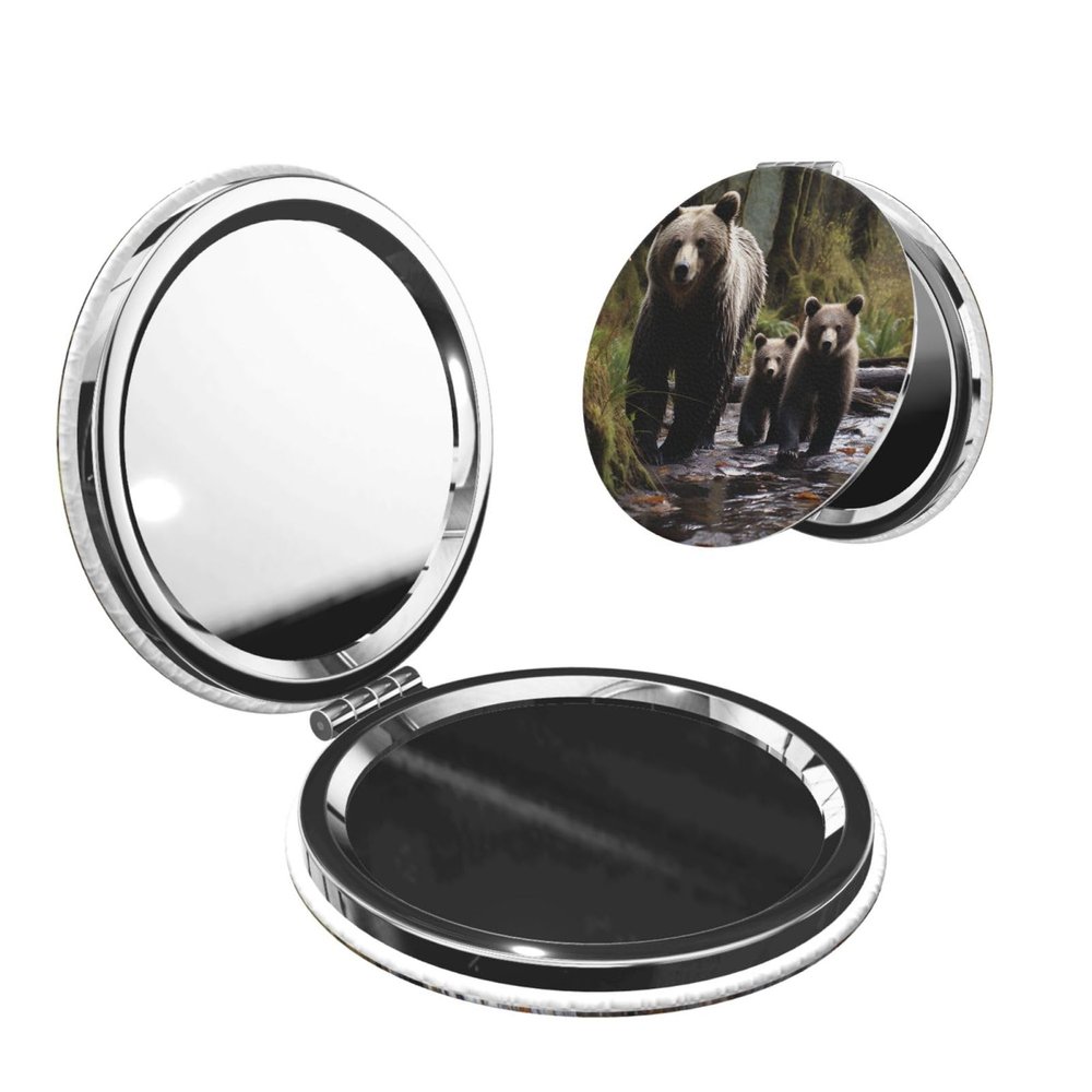 STVYUKL Mini Folding Compact Mirror Pocket Travel Makeup Mirror with 2 X 1x Magnification Mother Bear and Her Cubs Portable Folding Small Pocket Mirror for Women Handbag Purse Round Shape