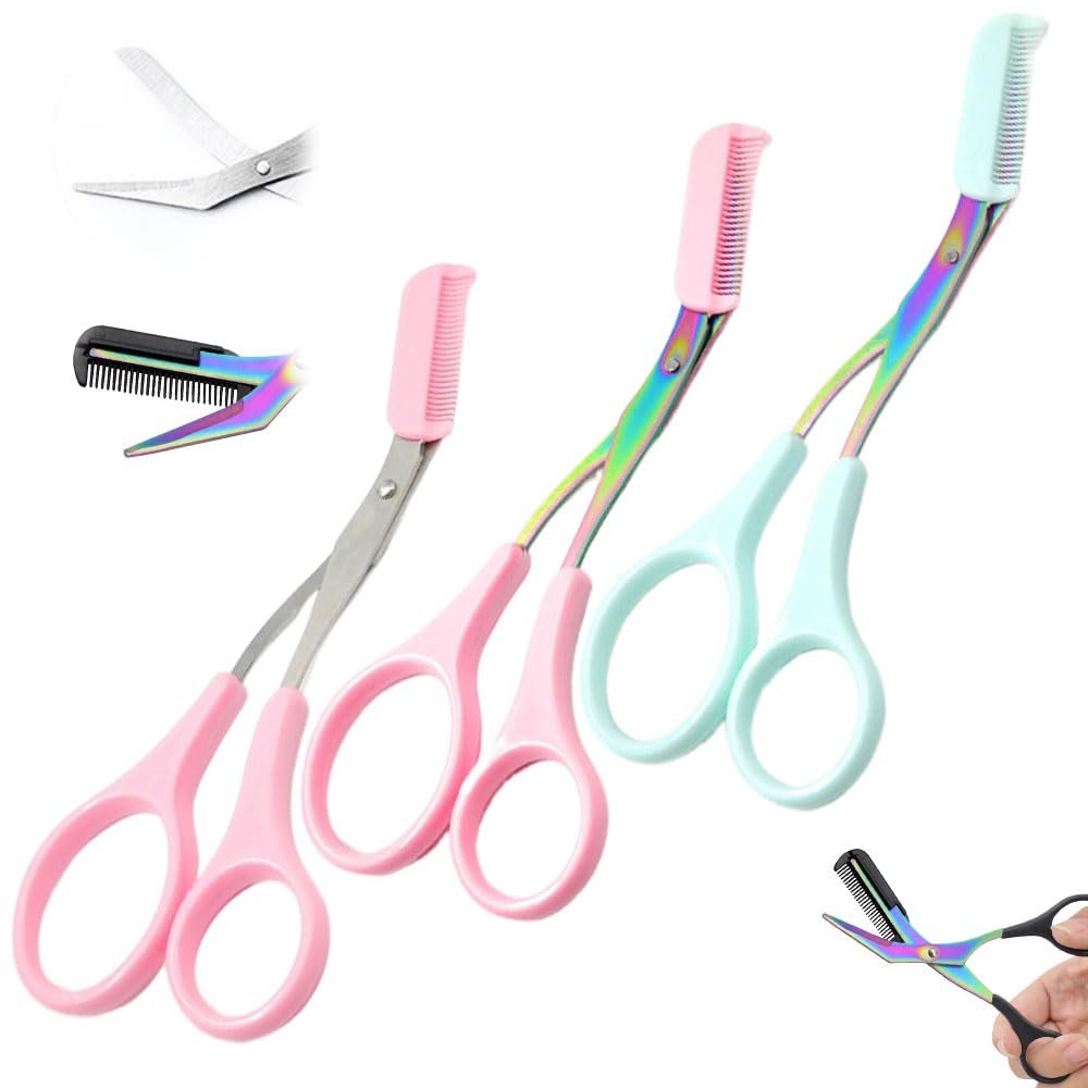 Eyebrow Trimmer Scissor, 2025 New Scissors With Comb, Non-Slip Stainless Steel Trimming Scissors, Hair Removal Cutter Makeup Tool for Women Men (3Pcs)