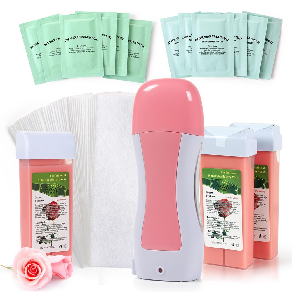 Roll on Waxing Kit for Women and Men - Sensitive Skin Wax Roller With Paper, Warmer, Rose Soft Wax, Pre and After-wax Treatment
