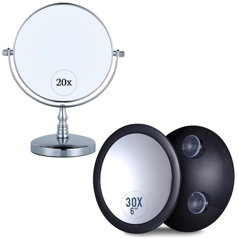 20x/1x Double Sided Magnifying Makeup Mirror for Desk and Countertop - Vanity Mirror with Stand (Chrome) & 30X Magnifying Makeup Mirror - Stick On, Ultra Portable Travel Cosmetic Mirror Bundle