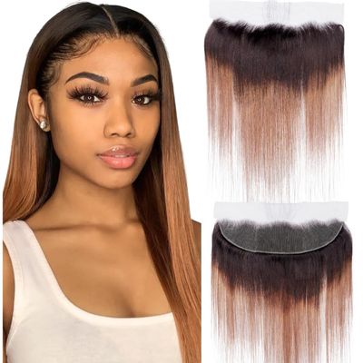 T4/30 Ombre 13x4 Lace Frontal Closure Straight Human Hair Ear to Ear Brazilian Remy Virgin Human Hair Extensions two color BrownT4/30 12inch