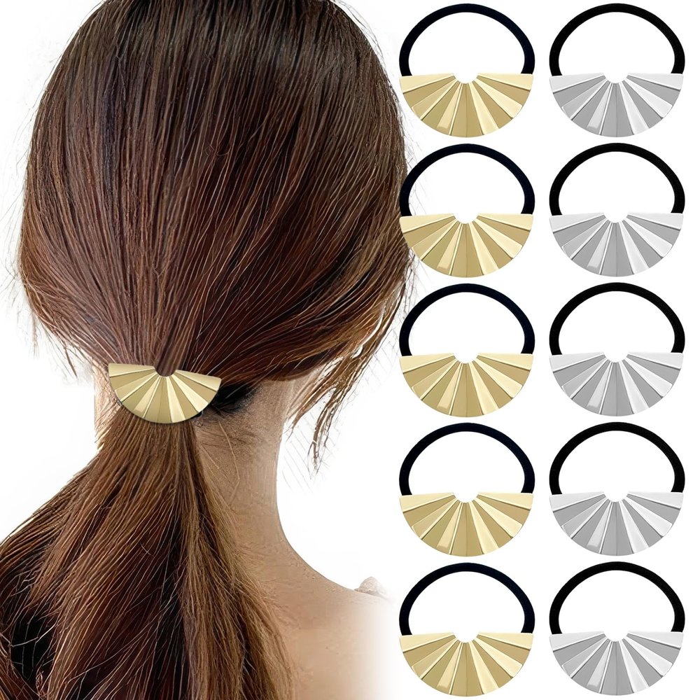 10PCS Metal Hair Ties Geometric Ponytail Hair Cuff Gold Silver Elastic Hair Ties Hair Cuff Wrap Glossy Ponytail Hair Cuffs Hair Accessories for Women