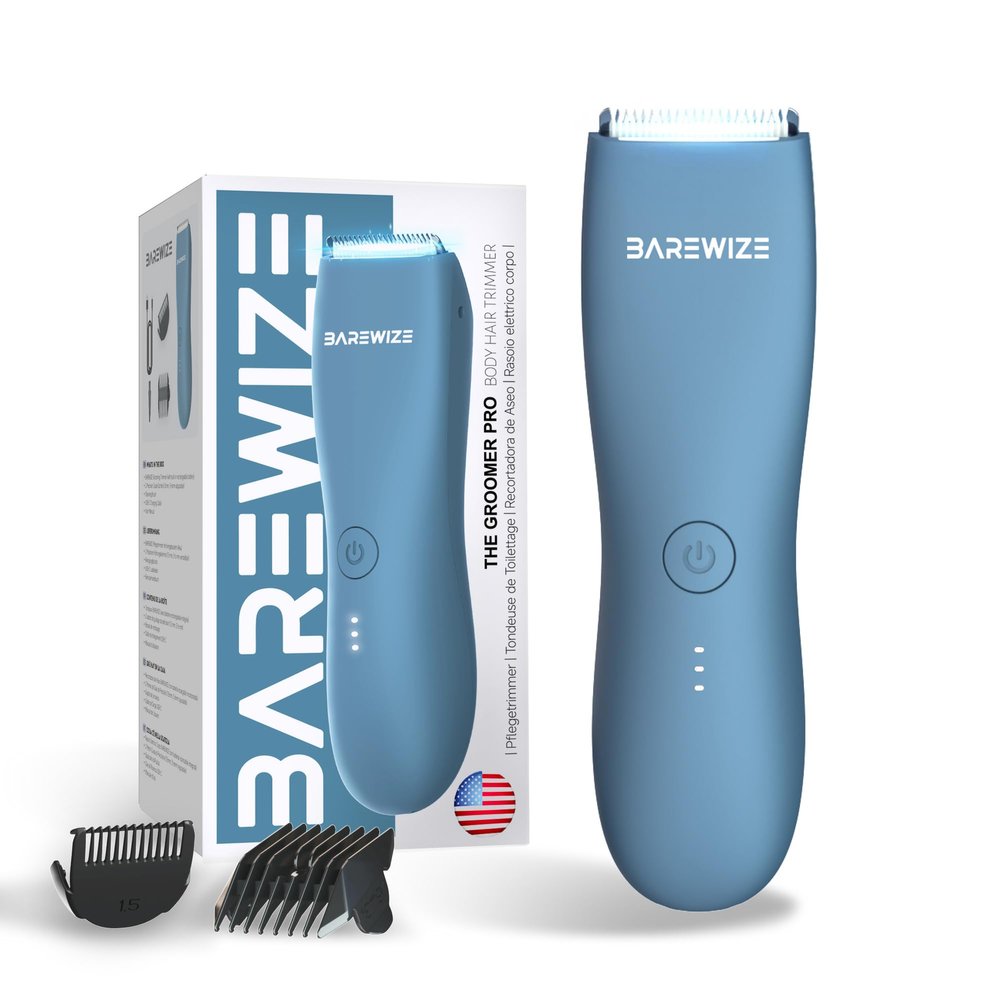 BAREWIZE Body Hair & Pubic Hair Trimmer for Men & Women, Painless Electric Body & Bikini Shaver | Waterproof, Type-C Rechargeable, LED Light, Replaceable Blade, Manscape Personal Groomer (Denim Blue)