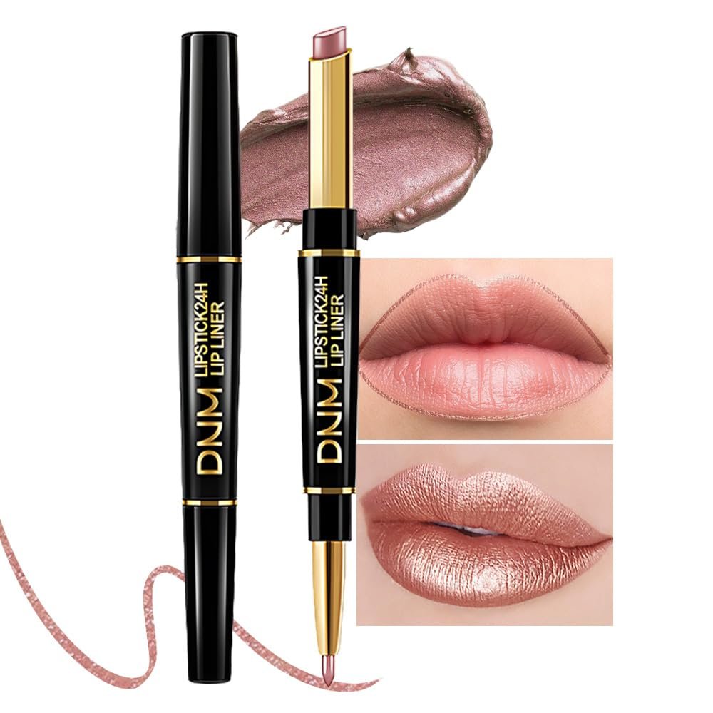 HHLTOH 2-in-1 Brown Lip Liner & Lipstick Set Kit for Women, Metallic Lips Kit with Lip Liner Lip Stains Long Lasting Waterproof 24 Hour Lipstick and Lip Liners Combo Lipliners Pencil Set 18
