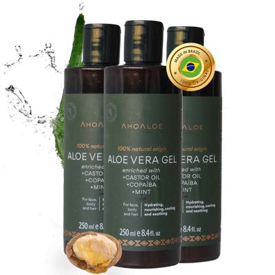 AHOALOE Pack of 3 Brazilian Aloe Vera Gel - Multipurpose Moisturizing Natural Gel with Copaiba, Castor Oil and Fresh Mint and Natural for Face, Skin and Hair - After Sun Care, Sunburn Relief 3x 8.4oz