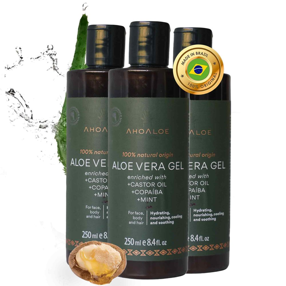 AHOALOE Pack of 3 Brazilian Aloe Vera Gel - Multipurpose Moisturizing Natural Gel with Copaiba, Castor Oil and Fresh Mint and Natural for Face, Skin and Hair - After Sun Care, Sunburn Relief 3x 8.4oz
