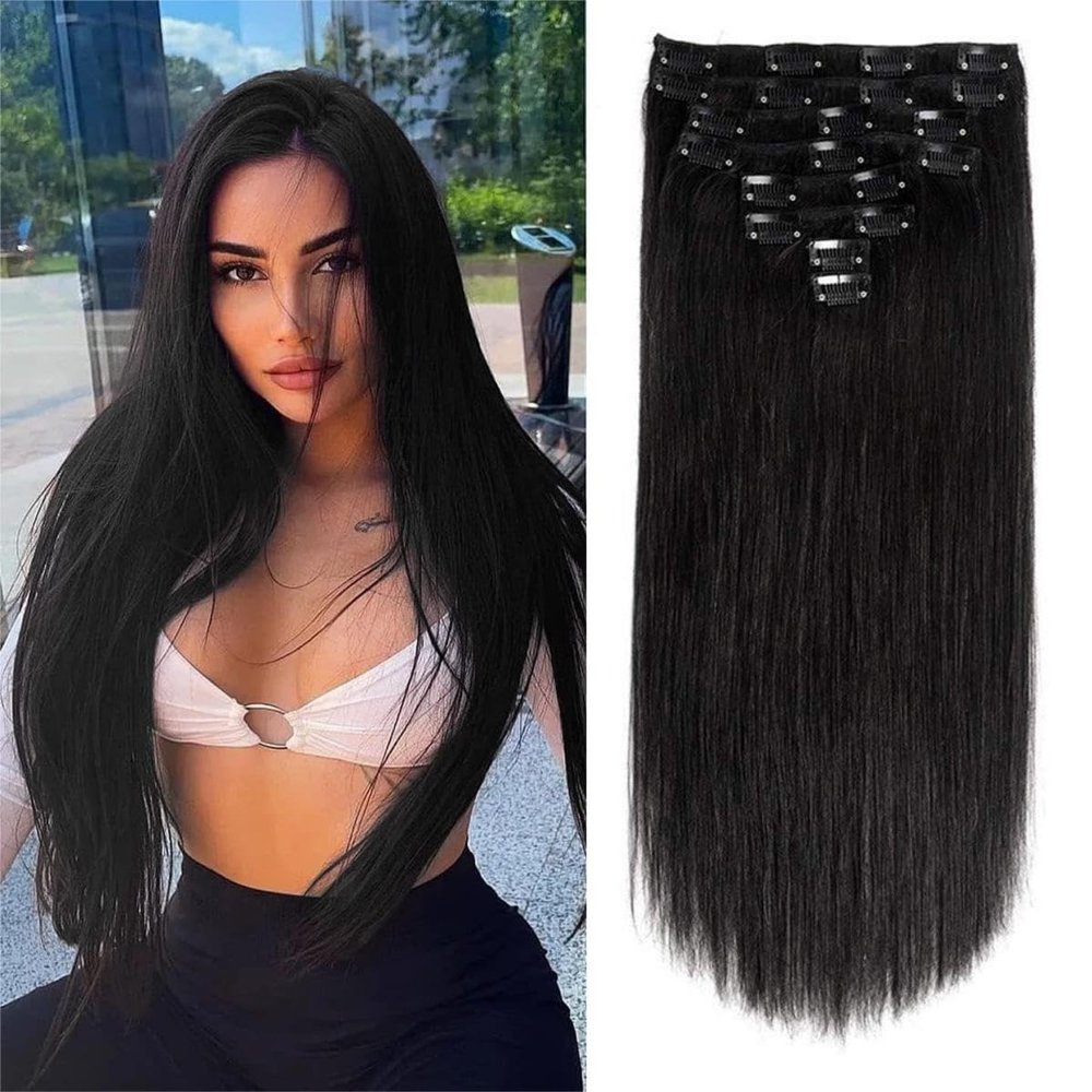 Straight Clip in Hair Extensions Real Human Hair 24 Inch Remy Human Hair for Women Double Weft Seamless Clip ins Brazilian Virgin Human Hair Extension 8Pcs 120g Natural Black