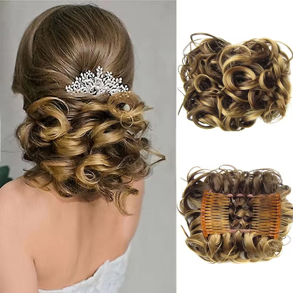 kfzhenqi Messy Bun Hair Piece Short Curly Dish Hair Buns Extension Easy Stretch Hair Combs Clip in Ponytail Fluffy Synthetic Hairpieces Dark Blonde Brown Mixed