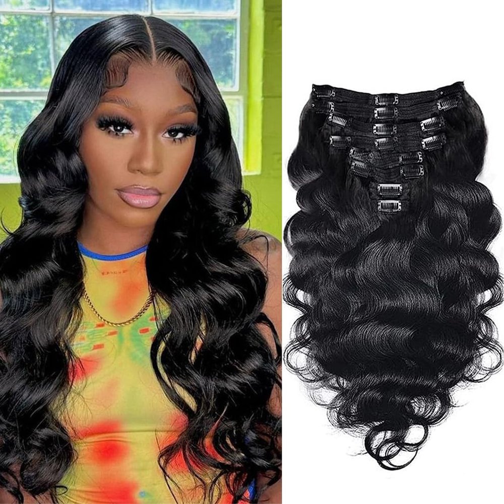 Clip in Hair Extensions Real Human Hair 14 Inch Remy Human Hair Extensions for Women Double Weft Seamless Clip ins Brazilian Body Wave Virgin Human Hair Extensions 8Pcs 100g 20 Clips Natural Black