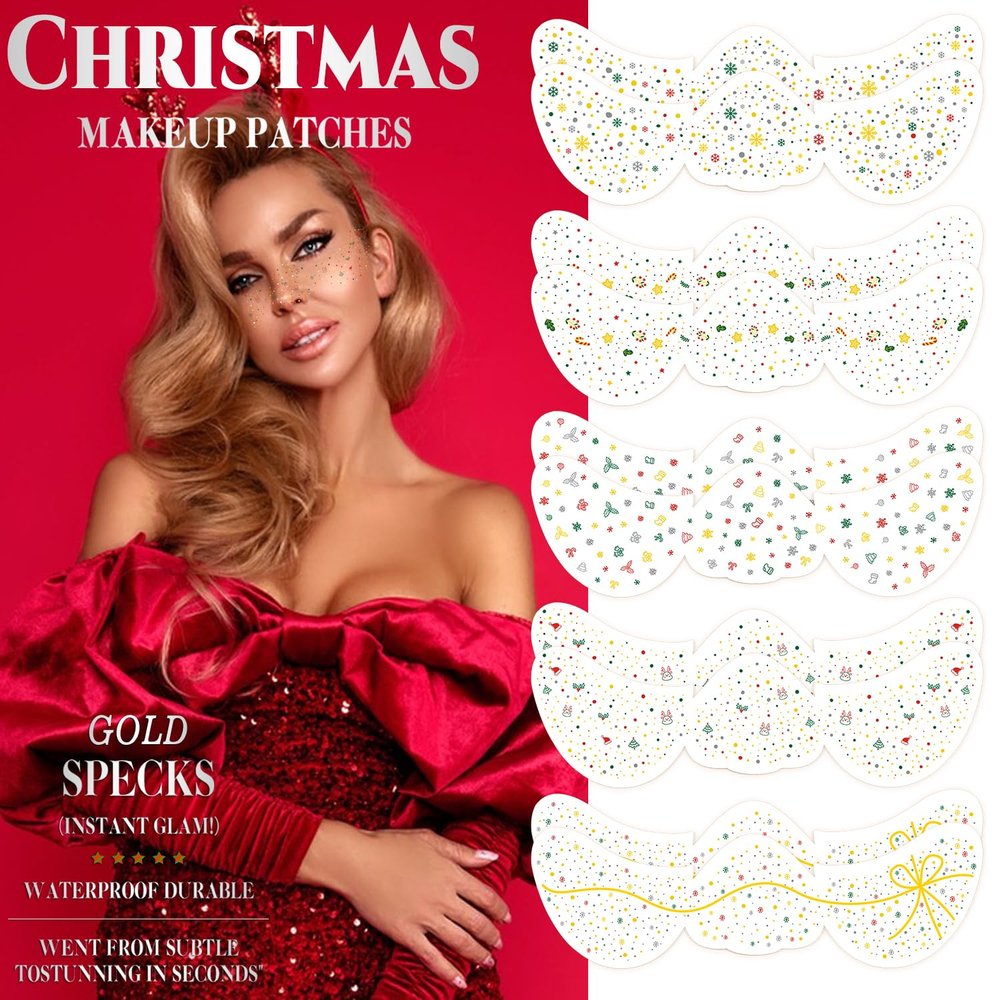 10 Pcs Christmas Face Glitter Speckles Patches, 5 Styles Winter Xmas Glitter Freckles Face Tattoo, Gold Sparkle Freckles Makeup Face Decoration (Set 1)