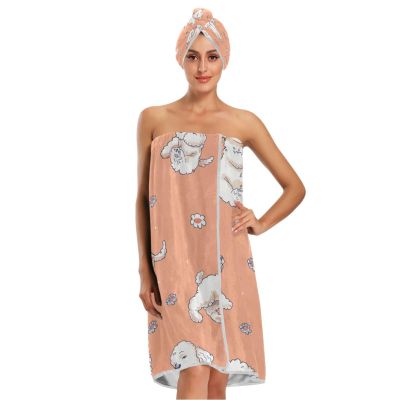 Bulletgxll Cute Poodles Women's Shower Wrap Towel Set of 3 Adjustable Spa Body Wrap Super Absorbent Bathrobe with Hair Towel & Headband