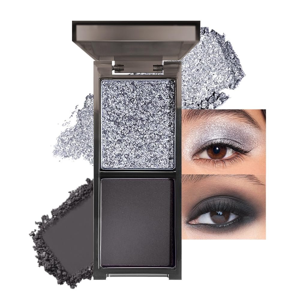CAKAILA Gray Black Two Color Matte Shimmer Glitter Eyeshadow,Bright Eye Shadow Powder,Professional Long-Lasting Waterproof Makeup Palette,Blendable,Easy-To-Apply and Compact for Travel