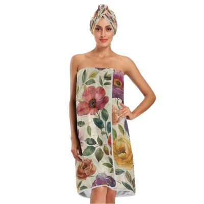 Bulletgxll Watercolor Flowers Women's Shower Wrap Towel Set of 3 Adjustable Spa Body Wrap Super Absorbent Bathrobe with Hair Towel & Headband