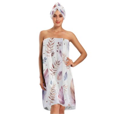Bulletgxll Watercolor Feathers Women's Shower Wrap Towel Set of 3 Adjustable Spa Body Wrap Super Absorbent Bathrobe with Hair Towel & Headband